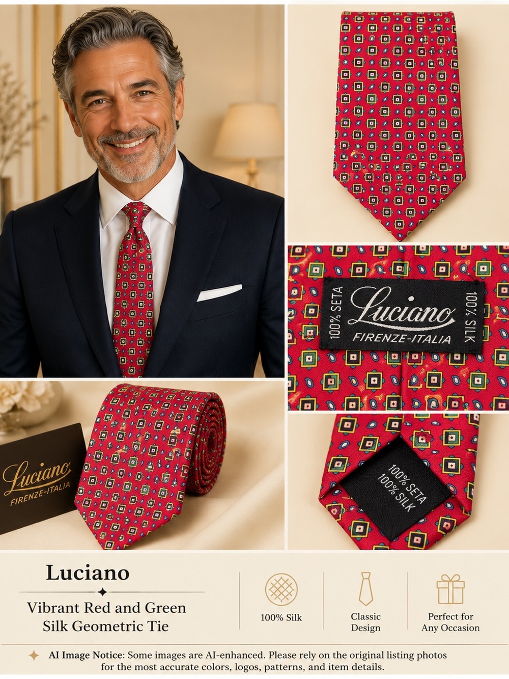 Vibrant Red and Green Silk Geometric Tie